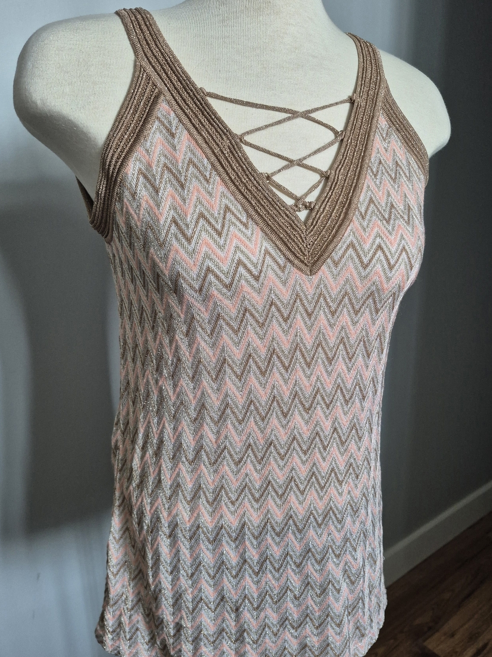 White House Black Market Pink and Brown Chevron Tank with Lattice V-Neck